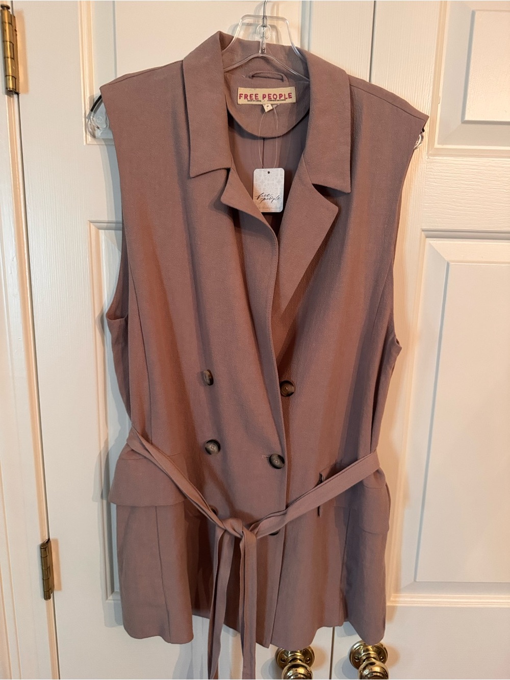 Free People Ethereal Long Vest Taupe Size M NWT Belted Double Breasted